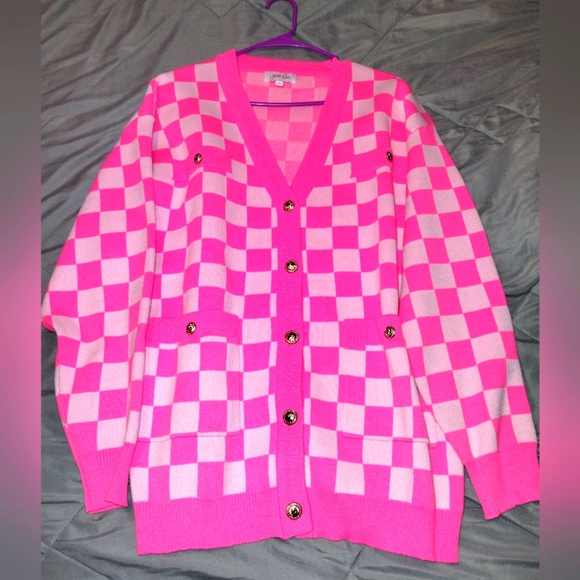 NWOT Neon Pink Checkered Cardigan with Gold Lion Head Buttons - Picture 2 of 3
